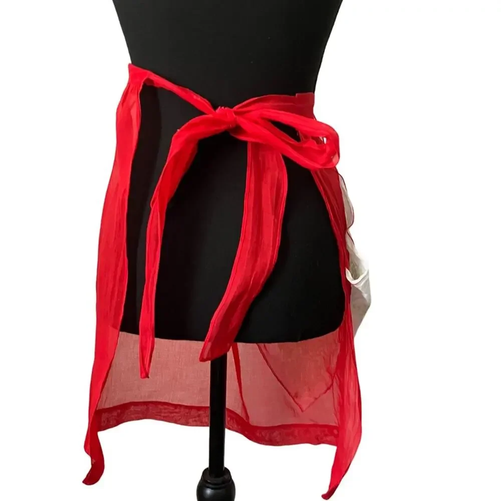 VINTAGE-SHEER-HANDMADE Red Kitchen Apron with Floral Handkerchief